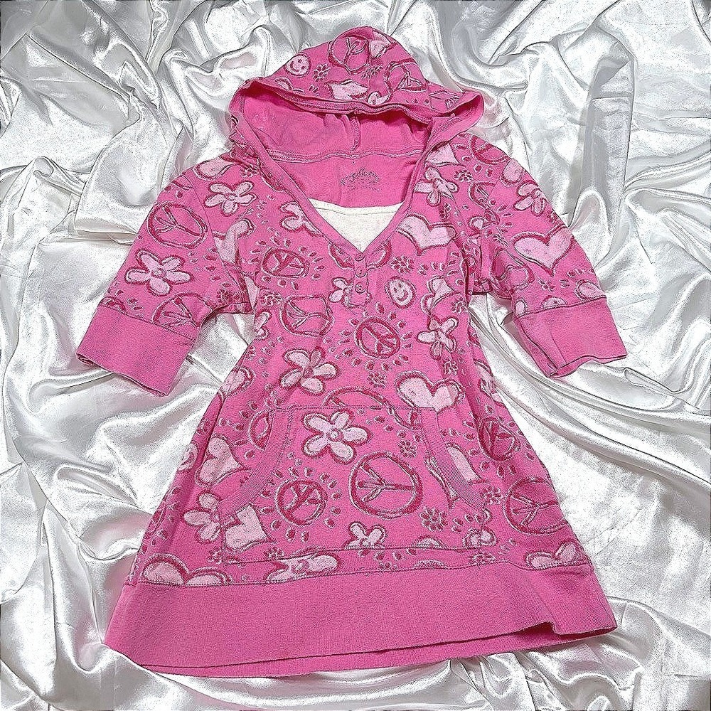 y2k Justice Peace Heart Hoodie Pink Henley Short Sleeve Tunic Top